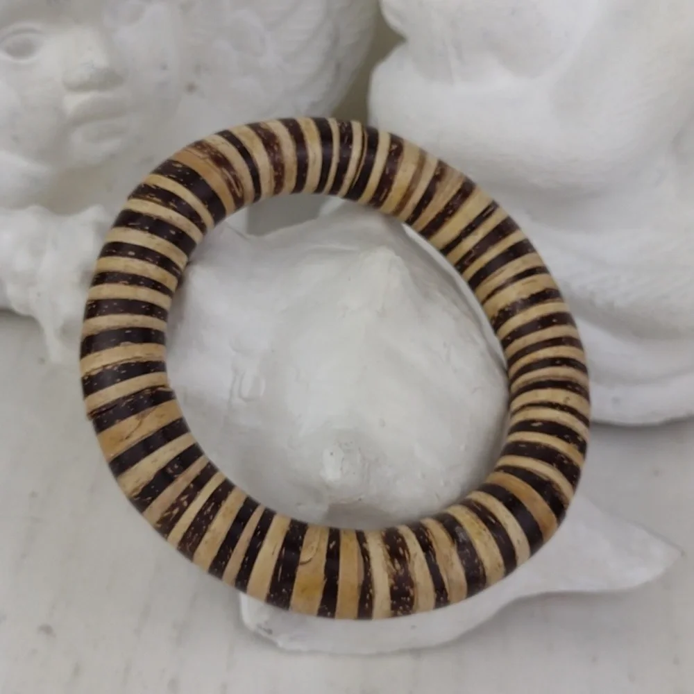 Dark Brown & Cream Wood Striped Resin Bangle Bracelet